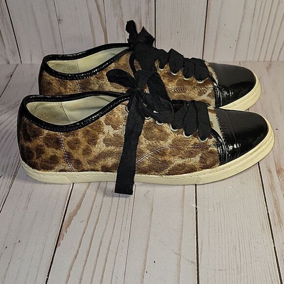 LANVIN Black Patent Leather & Leopard Pony Hair Sneakers 37 - Picture 1 of 12